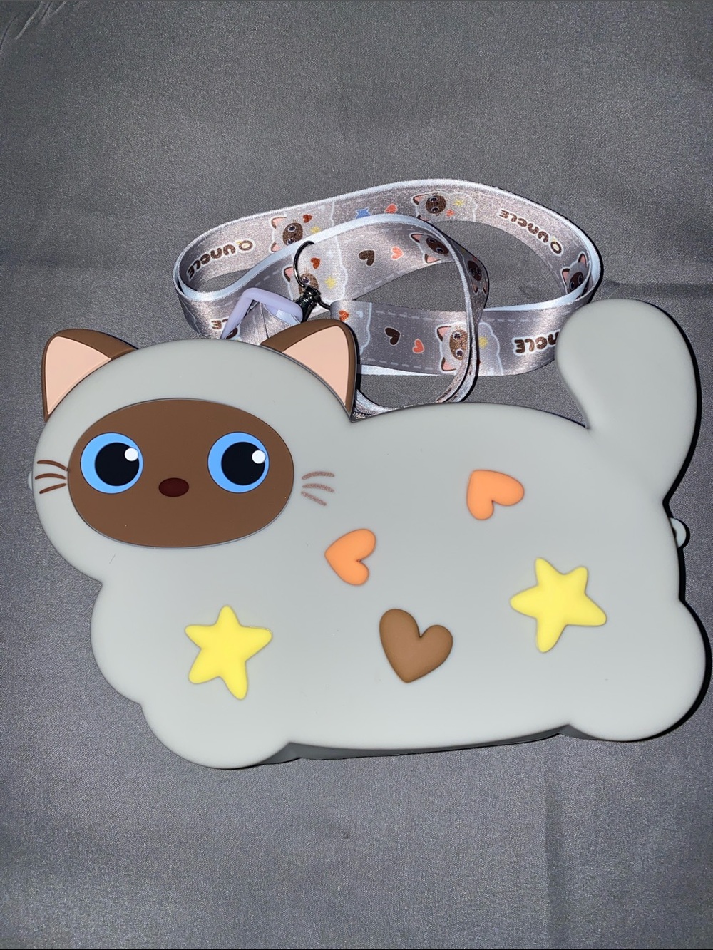 Cute Cat Crossbody Bag with Stars and Hearts - Light Gray